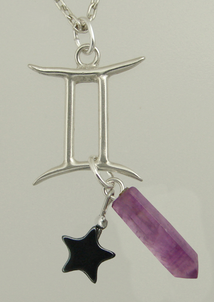 Sterling Silver Gemini Pendant Necklace With an Amethyst Crystal And a Black Onyx Star